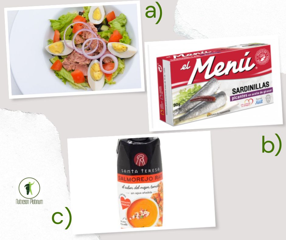 Ensalada de toda la vida con sardinas picantes y salmorejo.